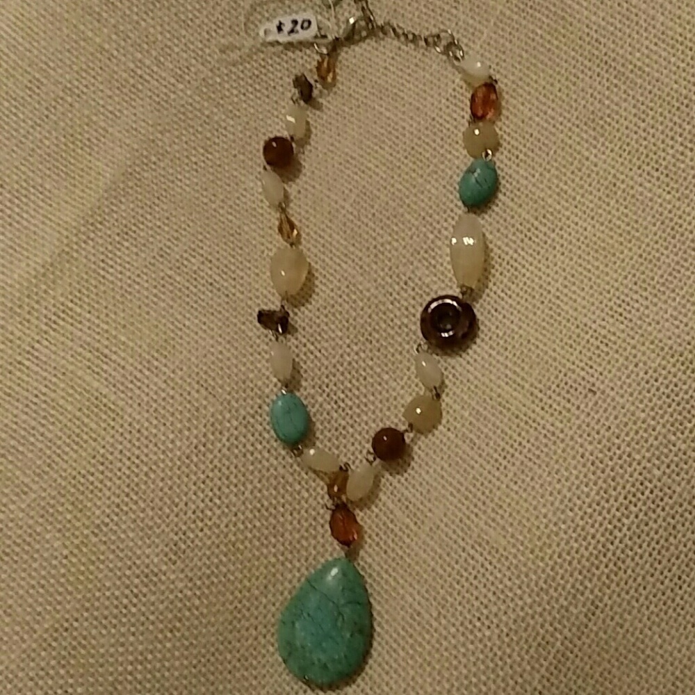 Vintage Turquoise Pendant Statement Necklace Silver Assorted Stones And Beads